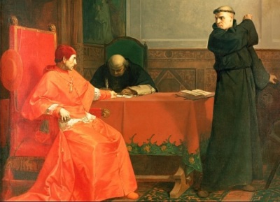 Martin Luther debates Cardinal Thomas Cajetan from Oct. 12-14, 1518, in Augsburg, as depicted in a 19th century painting.