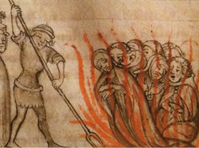 A group of Knights Templar being burned at the stake.