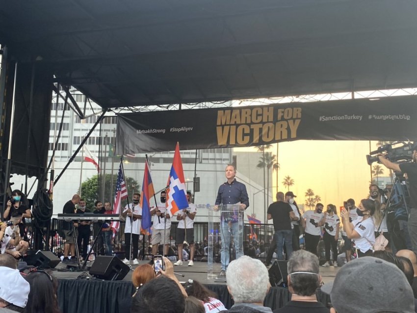 Rep. Adam Schiff, who represents one of the largest Armenian communities in the United States, addresses demonstrators outside the Turkish Consulate General in Los Angeles, California, on Oct. 11, 2020.