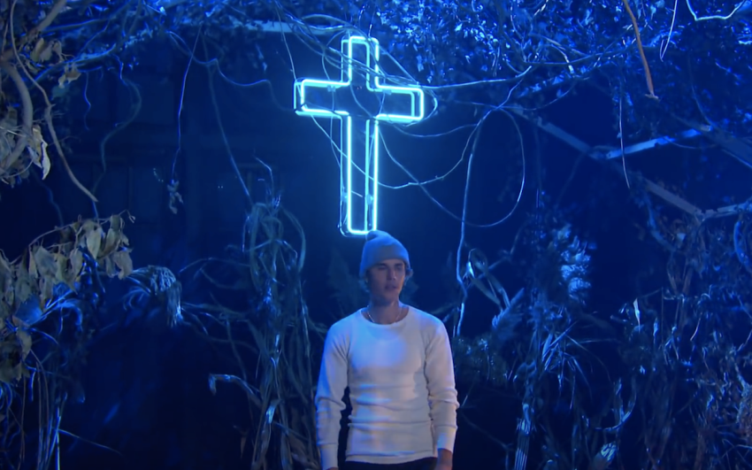 Musical guest Justin Bieber performs “Holy” on Saturday Night Live with Chance The Rapper, Oct. 17, 2020.