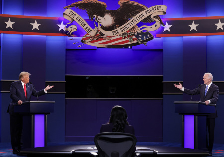 U.S. President Donald Trump and Democratic presidential nominee Joe Biden participate in the final presidential debate at Belmont University on October 22, 2020, in Nashville, Tennessee. This is the last debate between the two candidates before the election on November 3.