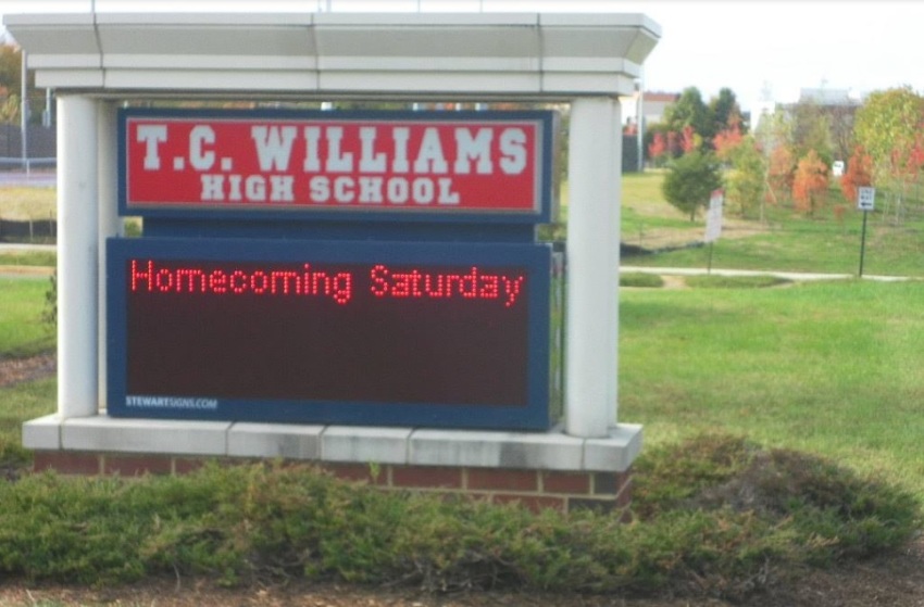 The sign for T.C. Williams High School of Alexandria, Virginia. In November 2020, Alexandria City Public Schools leadership voted to change the name of the school.