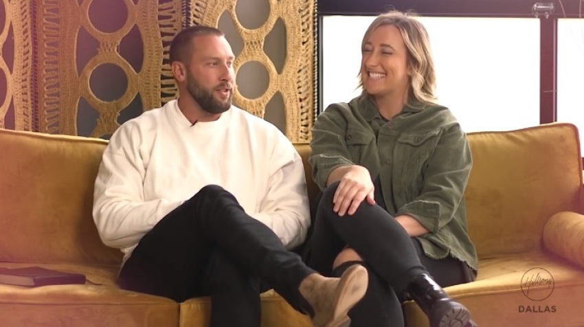 Reed (L) and Jess (R) Bogard speak during a Sunday service at Hillsong Dallas on Oct. 25, 2020.