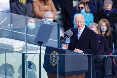 U.S. President Joe Biden delivers his inaugural address on the West Front of the U.S. Capitol on January 20, 2021, in Washington, D.C.