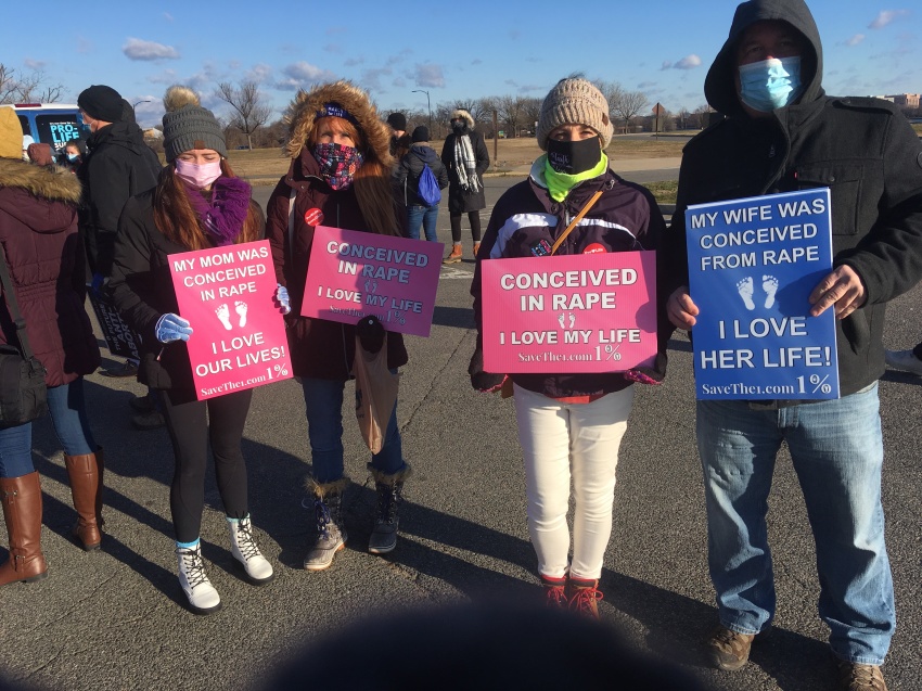 Rebecca Kiessling attends the Life Chain in Arlington, Virginia with her daughter Carina, friend Christy Larson and Christy's friend Tom, Jan. 29, 2021. Kiessling is the president of the pro-life organization Save the 1.