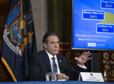 Then-Gov. Andrew M. Cuomo provides a coronavirus update from the Red Room at the New York state Capitol on Jan. 29, 2021.