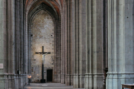 The Gothic interior of the Collegiate Church of St. Waudru in Mons, Belgium.