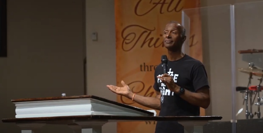 Antoine M. Barriere, senior pastor at Household of Faith Family Worship Church International of Harvey, Louisiana, preaches a sermon in April 2020. 