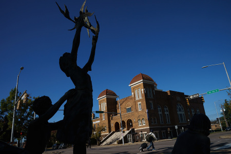 A view of the 'Four Spirits' statue and the 16th Street Baptist Church, November 19, 2017, in Birmingham, Alabama. The statues memorialize the four victims of the 16th Street Baptist Church bombing in 1963.