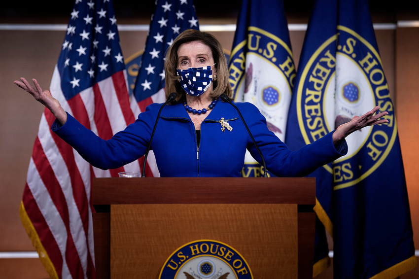 U.S. Speaker of the House, Nancy Pelosi, Democrat of California, speaks during her weekly press briefing on Capitol Hill in Washington, D.C., on February 4, 2021. 