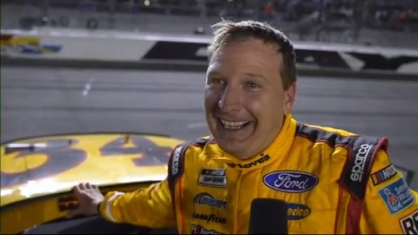 Michael McDowell speaks to the media after winning the Daytona 500 in Daytona, Florida on Feb. 14, 2021.