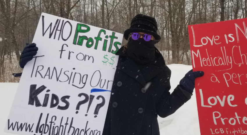 Parents and LGB Fight Back protest outside of gender clinics on Feb. 14, 2021.