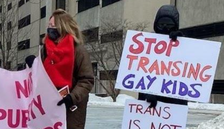 Parents and activists protest gender clinics on Feb. 14, 2021.