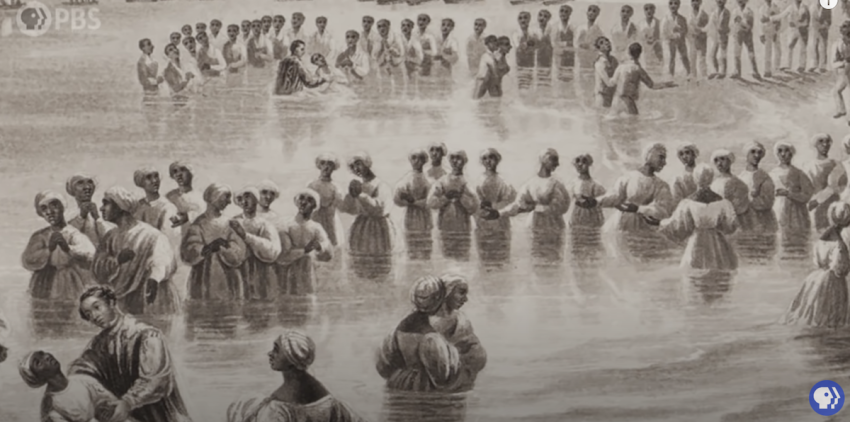 Africans being baptized while enslaved from the 2021 documentary "The Black Church" with Henry Louis Gates Jr.