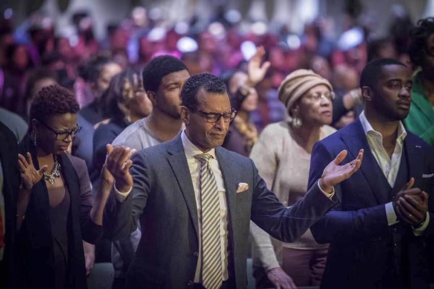 Pastor A.R. Bernard worships at a Sunday service at Christian Cultural Center in Brooklyn, New York.