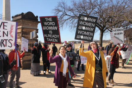 Women protest near the Washington Monument objecting to the Biden administration's transgender executive order on Monday, March 8, 2021.