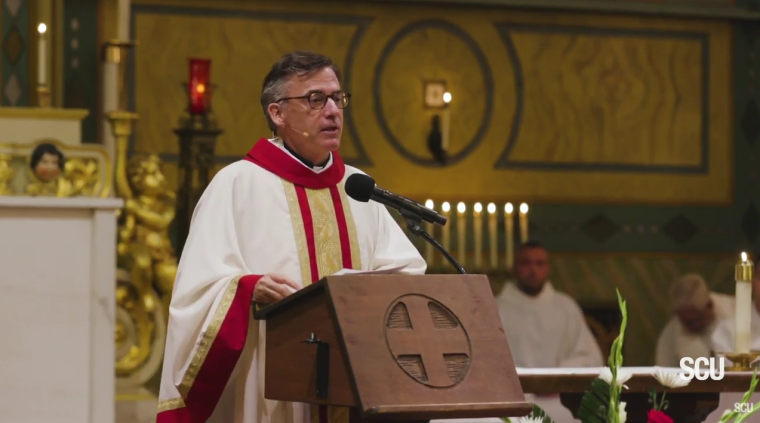 Santa Clara University President Father Kevin O'Brien speaks during an event honoring St. Ignatius of Loyola, the Society of Jesus's founder, on July 31, 2019. | YouTube/Santa Clara University