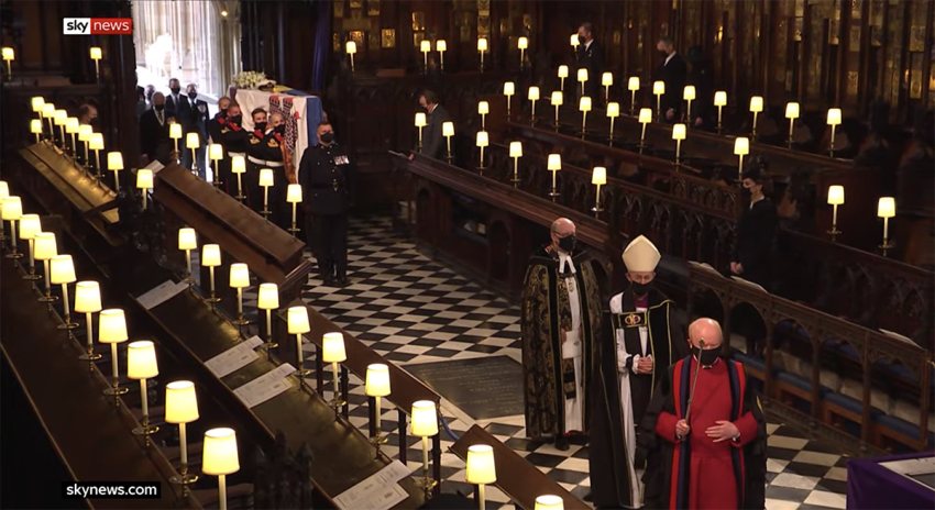 Archbishop of Canterbury Justin Welby and Dean of Windsor David Conner process in front of the coffin of Prince Philip as it is conveyed into the quire of St. George’s Chapel, Windsor Castle for the ceremonial funeral on April 17, 2021.