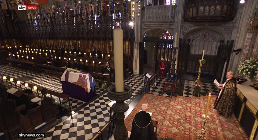 Dean of Windsor David Conner says the bidding prayer during the ceremonial funeral of Prince Philip in the quire of St. George’s Chapel, Windsor Castle on April 17, 2021.