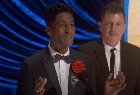 Jon Batiste accepts the Oscar for Music (Original Score) for the Disney film "SOUL" at Oscars 2021.