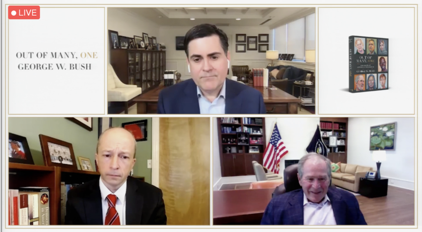 Former President George W. Bush (lower right) discusses his newest book, which features his illustrations of 43 immigrants and their stories, during an online panel discussion on May 6, 2021.