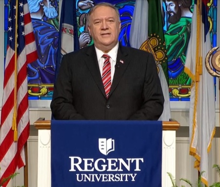 Former Secretary of State Mike Pompeo speaks at the virtual graduation ceremony for Regent University of Virginia Beach, Virginia, on Saturday, May 8, 2021.