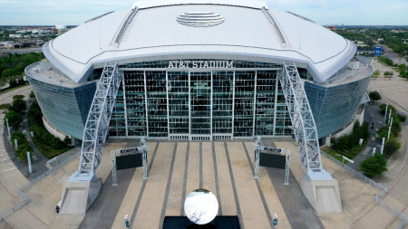 An aerial drone view of AT&T Stadium, where the Dallas Cowboys NFL football team plays, on April 01, 2020, in Arlington, Texas.