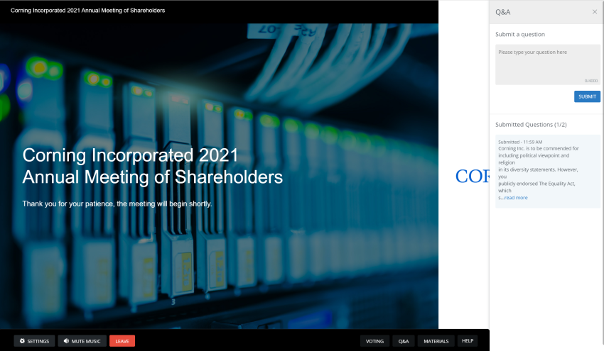 Corning Incorporated annual meeting Q&A screenshot