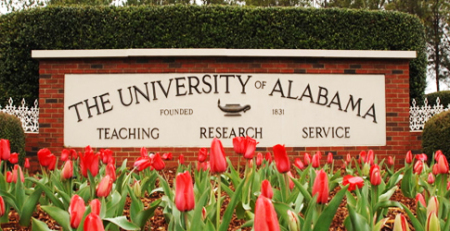 A sign sits on the campus of the University of Alabama in Tuscaloosa, Alabama.