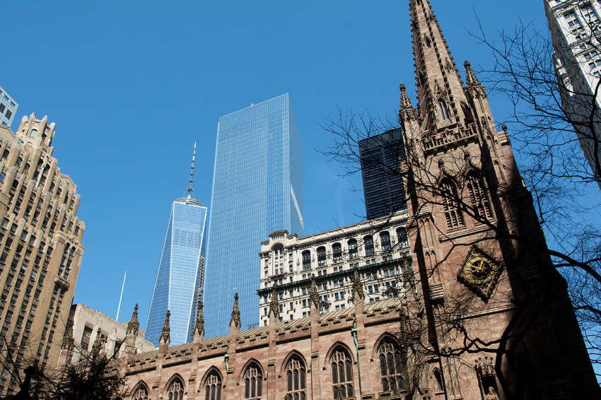 Trinity Church in New York City. The Church is a historic, active parish church in the Episcopal Diocese of New York. Trinity Church is near the intersection of Wall Street and Broadway. Alexander Hamilton, who was one of the Founding Fathers of the United States, is buried at Trinity Church Cemetery.