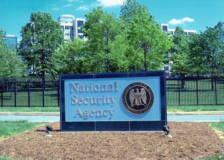 A sign sits at the headquarters of the National Security Agency in Fort Meade, Maryland.