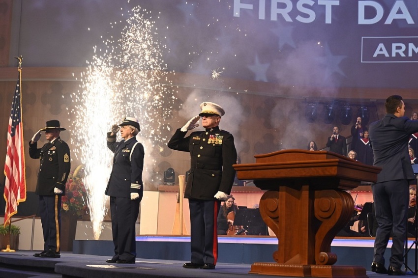 A salute to the armed forces of the United States takes place on "Freedom Sunday" at First Baptist Dallas in Dallas, Texas on Sunday, June 27, 2021.