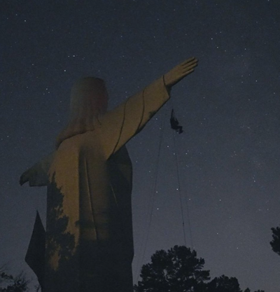 Christ of the Ozarks Defaced with Pro-Abortion Banner