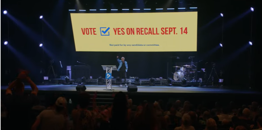 Pastor Greg Fairrington of Destiny Christian Church in Rocklin, California, urges his congregants to vote to remove Gov. Gavin Newsom from office in the upcoming recall election in an Aug. 1, 2021 sermon.