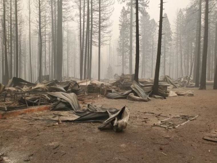 The grounds of the Sierra Bible Camp, located in Canyondam, California, after the Dixie Fire swept through the property in August 2021.