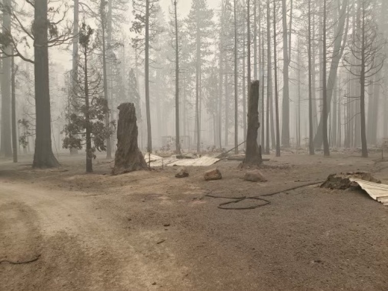 The grounds of the Sierra Bible Camp, located in Canyondam, California, after the Dixie Fire swept through the property in August 2021.
