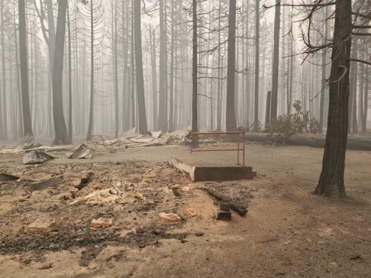 The grounds of the Sierra Bible Camp, located in Canyondam, California, after the Dixie Fire swept through the property in August 2021.