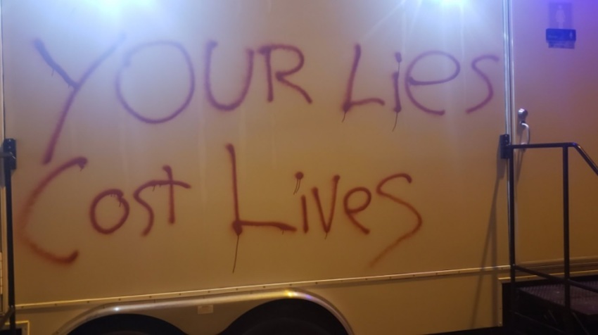 A trailer sits on the property of Pastor Greg Locke's Global Vision Bible Church after being vandalized by an unknown party around on Sunday, Aug. 15, 2021.