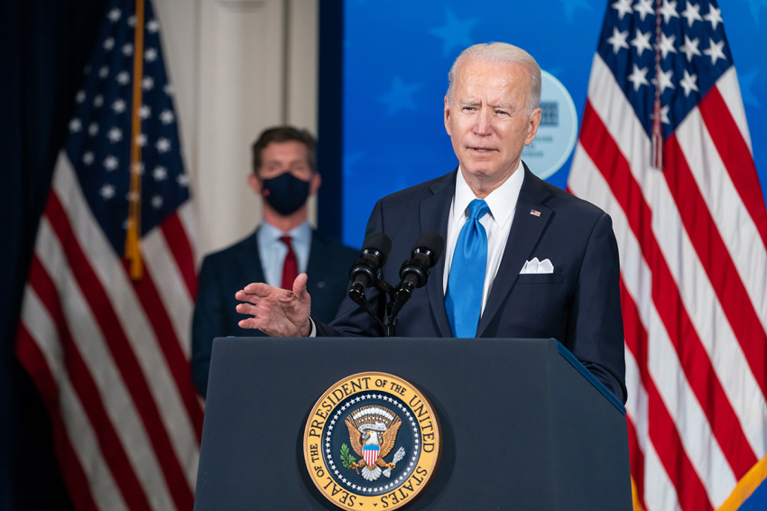 Johnson & Johnson CEO Alex Gorsky looks on as President Joe Biden delivers remarks on COVID-19 vaccine production Wednesday, March 10, 2021, in the South Court Auditorium in the Eisenhower Executive Office Building at the White House.