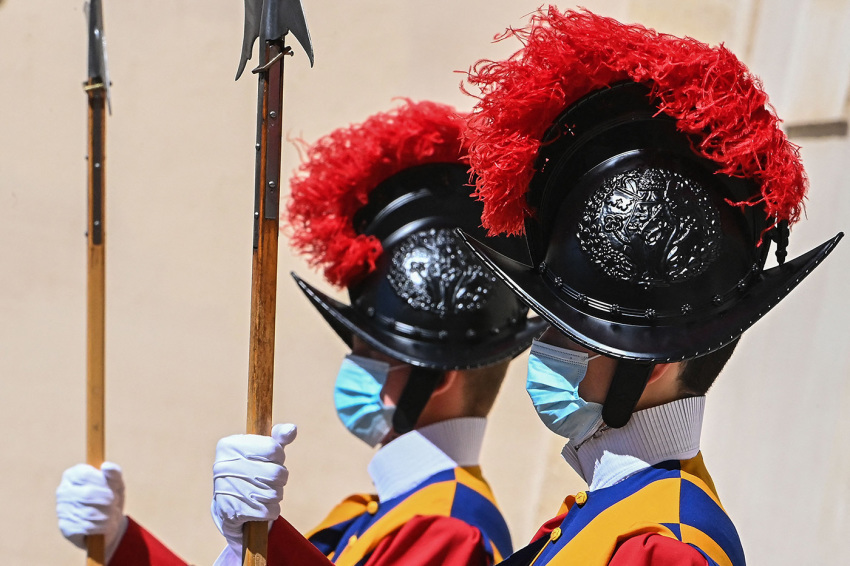 Swiss Guards take their position prior to the arrival of the European Commission President at San Damaso courtyard on May 22, 2021, in The Vatican for a private audience with Pope Francis.