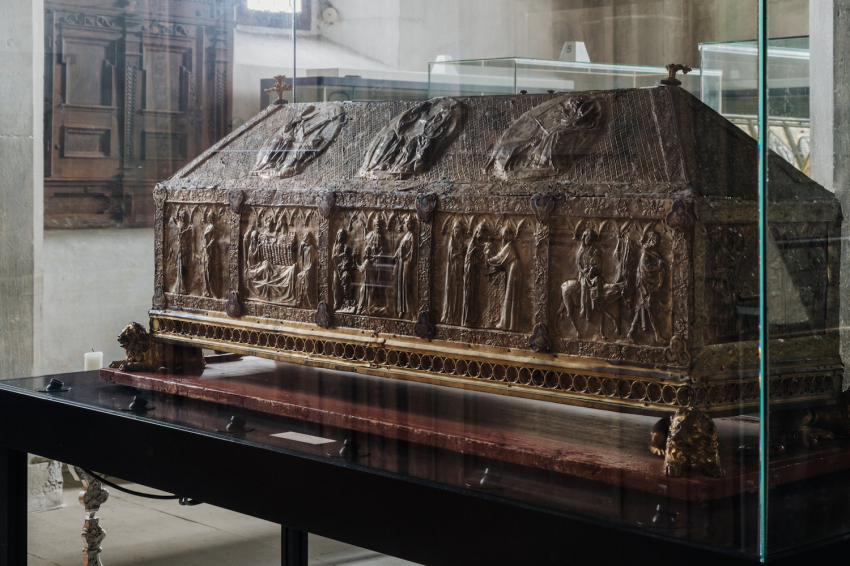 A medieval reliquary with the bones of St. Mark the Evangelist at the former Imperial Abbey of Reichenau on Reichenau Island, Germany.