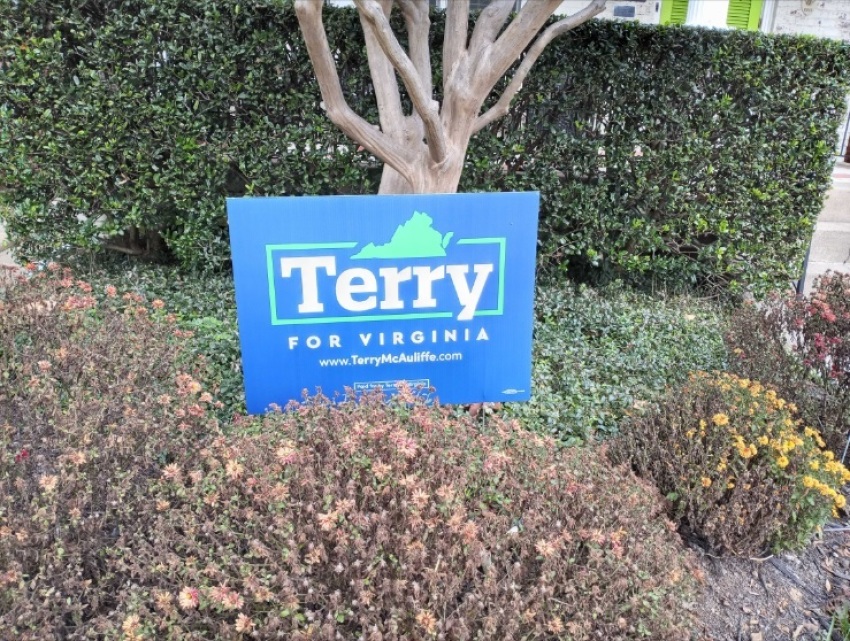 A sign for Democratic gubernatorial candidate Terry McAuliffe, as seen on display in Richmond, Virginia, on Sunday, Oct. 31, 2021.