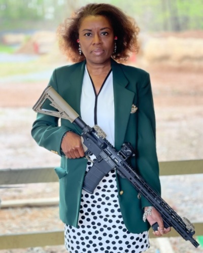 Republican politician Winsome Sears in a photo of her at a gun range in Virginia that went viral on social media. On Nov. 2, 2021, Virginia voters elected her to be the first female African American lieutenant general in the state's history.