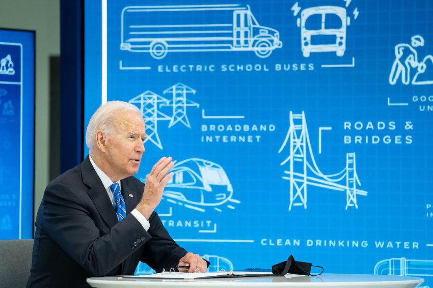 President Joe Biden meets virtually with governors, mayors, county officials and tribal leaders to discuss infrastructure, Wednesday, August 11, 2021, in the South Court Auditorium in the Eisenhower Executive Office Building at the White House.