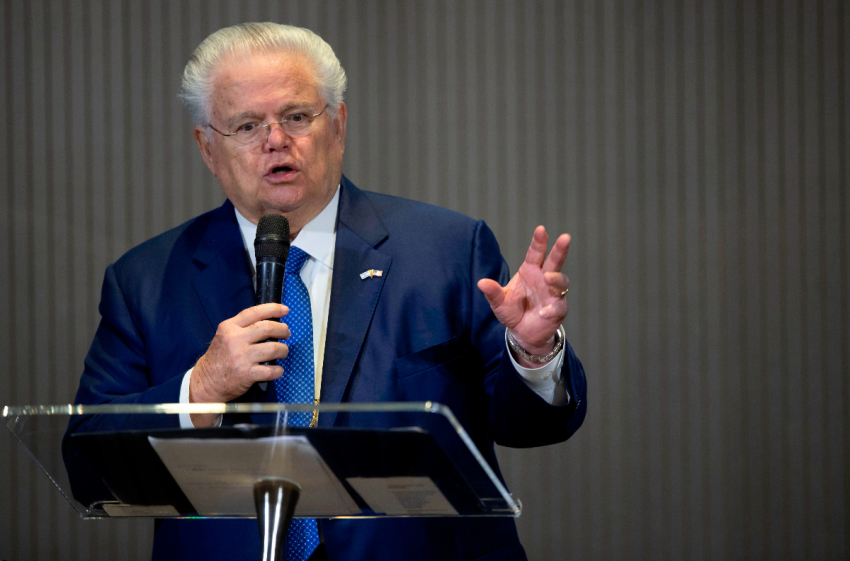 US Evangelical Bishop John Hagee speaks during a meeting with Brazilian President Bolsonaro and evangelical leaders at the Hilton Barra Hotel, Barra da Tijuca neighborhood in Rio de Janeiro, Brazil on April 11, 2019.