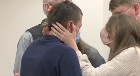 The family members of Pastor Verlyn Strenge extend forgiveness to David Nelson at the Clearwater County Courthouse on Nov. 14, 2021. 