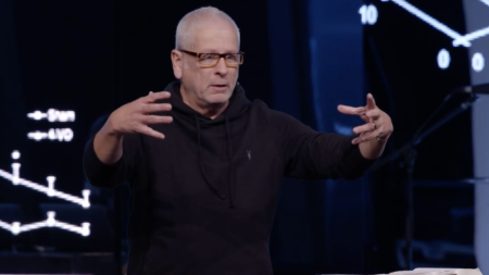 Rev. Louie Giglio, the pastor of Passion City Church in Atlanta, Georgia preaches on Nov. 29 2021.