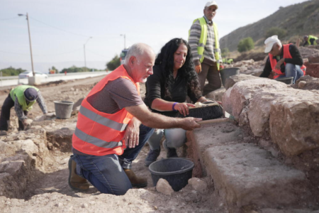Dina Avshalom-Gorni, right, works at the excavation site of an ancient synagogue in Migdal.