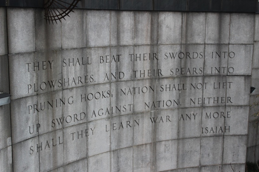 The Isaiah Wall is a curved wall inscribed with an excerpt from Isaiah 2:4 in the Bible that forms a part of a staircase, located at 1st Avenue and 43rd Street across from the United Nations in New York City.