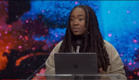 Jackie Hill Perry speaks to thousands of teens and young adults at the Passion 2022 conference in Atlanta, Georgia, on Jan. 3, 2022.